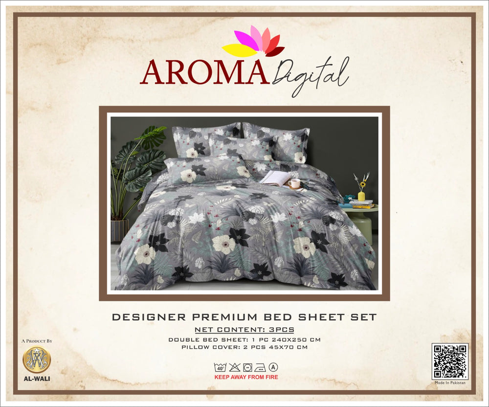 AROMA Digital Designer Bedsheet Set Grey Floral