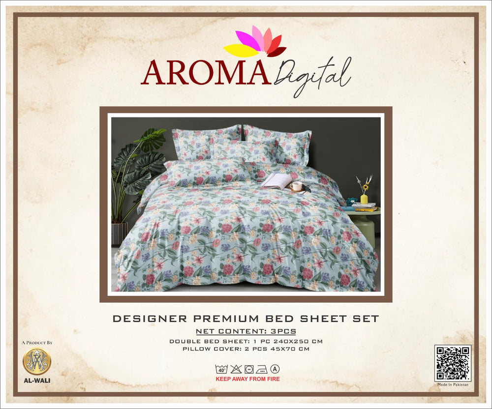 AROMA Digital Designer Bedsheet Set Sky Blue Floral