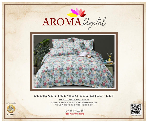AROMA Digital Designer Bedsheet Set Sky Blue Floral